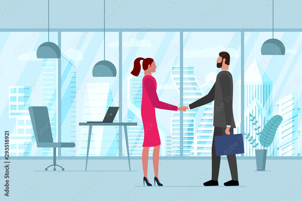 Business male and female shake hands in modern office with future city through window. Partnership businessmen came agreement and completed deal handshake. Teamwork solution vector illustration