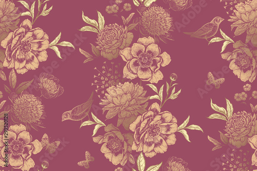 Garlands of garden flowers, birds and butterflies. Vintage floral seamless pattern.