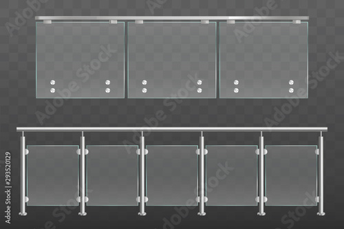 Glass balustrade with metal handrails set. Banister or fencing sections with steel pillars. Panels balusters for architecture design isolated on transparent background Realistic 3d vector illustration