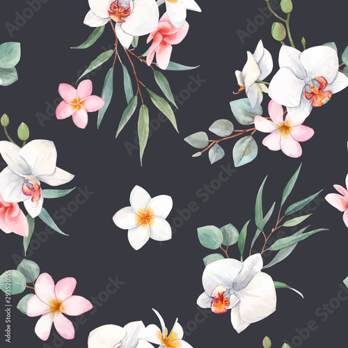 Watercolor orchid white flowers vector pattern