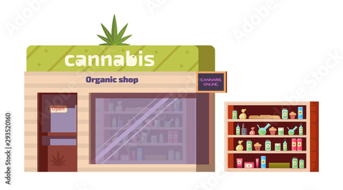 Cannabis store, marijuana organic shop with equipment and accessories for smoking standing on shelf, storing medical products and food, online order service, weed purchase. Cartoon vector illustration