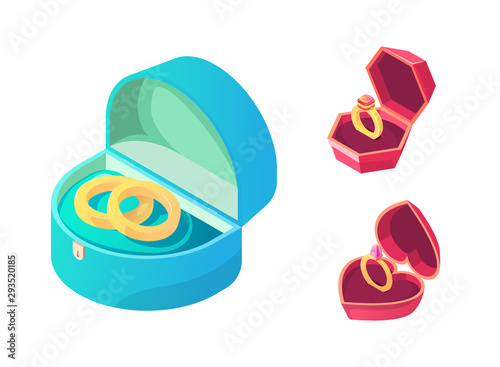 Rings for wedding and engagement in various boxes set isolated on white background. Gold annulus with precious sparkling gem stones. Jewelry accessory or pleasant surprise. Cartoon vector illustration