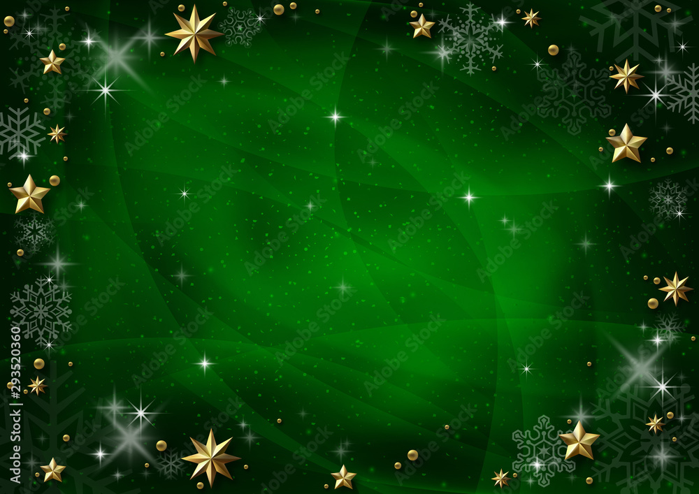 Green Christmas Background with Golden Stars and Shadows and Green Snowflakes - Graphic Design for Xmas Greetings and etc., Vector
