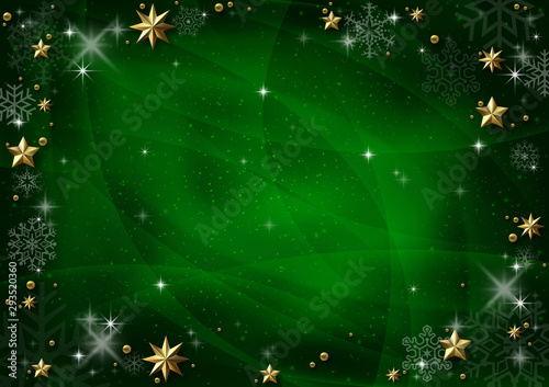 Green Christmas Background with Golden Stars and Shadows and Green Snowflakes - Graphic Design for Xmas Greetings and etc., Vector