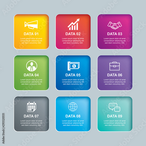Infographics rectangle paper index with 9 data template. Vector illustration abstract background. Can be used for workflow layout, business step, banner, web design.