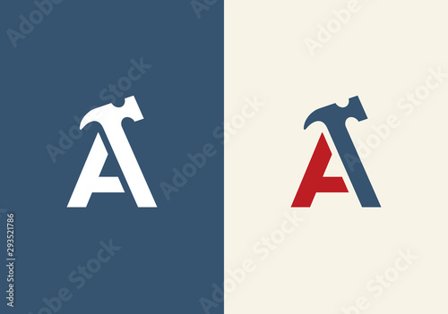 Initial letter A and hammer symbol, vector logo illustration design