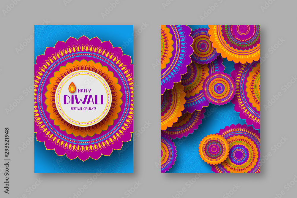 custom made wallpaper toronto digitalDiwali greeting posters with 3d paper cut Indian rangoli. Festival of lights design. Blue bright colors. Hand written greeting text. Vector illustration.