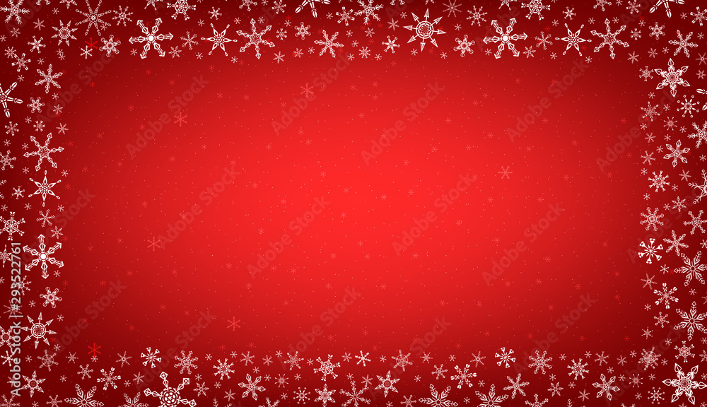 Christmas frame background in bright red color with big and small snowflakes