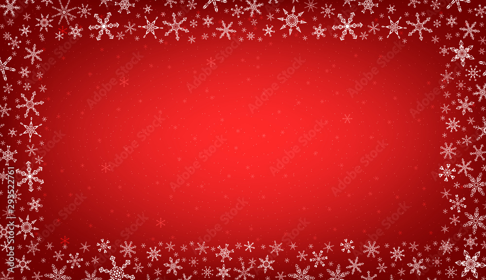 Fototapeta premium Christmas frame background in bright red color with big and small snowflakes
