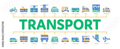 Public Transport Minimal Infographic Web Banner Vector. Trolleybus And Bus, Tramway And Train, Cable Way And Monorail Transport Linear Pictograms. Car And Taxi, Plane And Ship Illustrations