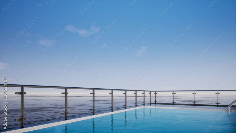 blue sky and sea view terrace with swimming pool, pan right shot, video ultra HD 4K 3840x2160, 3D animation background blue sky and sea view terrace with swimming pool, pan right shot, video ultra HD 4K 3840x2160, 3D animation background