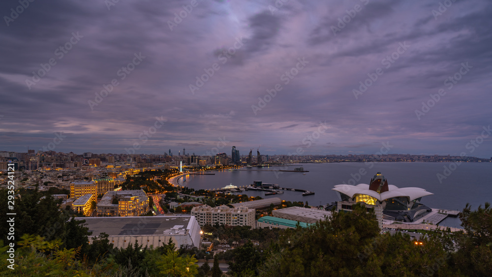 Wide panorama of night Baku city