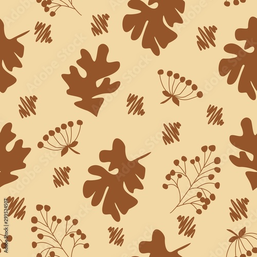 Fall acorn leaves and berries, stylized foliage vector seamless pattern. Colorful elements on beige background. 