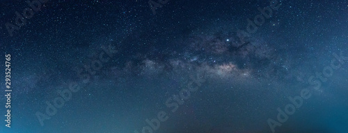Panorama blue night sky milky way and star on dark background.Universe filled with stars, nebula and galaxy with noise and grain.Photo by long exposure and select white balance.