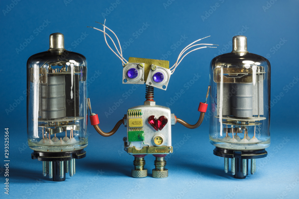 Funny robot toy with vintage radio tubes.