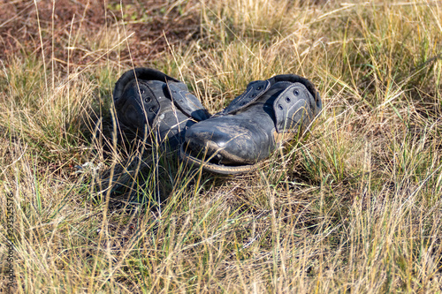 Old torn male shoe on the ground in the mud. © Prikhodko