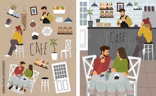 Bundle of isolated objects on the theme of a coffee shop and Cute vector illustration with people: couple drinking coffee at a table, barista preparing a drink and a girl is sitting at the bar counter