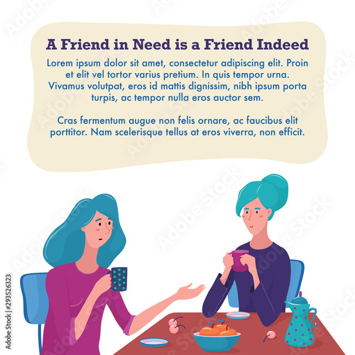 Two women, girls sitting at the table, drinking tea, one talking, another listening, psychological help center banner, flyer template design, flat style vector illustration on white background