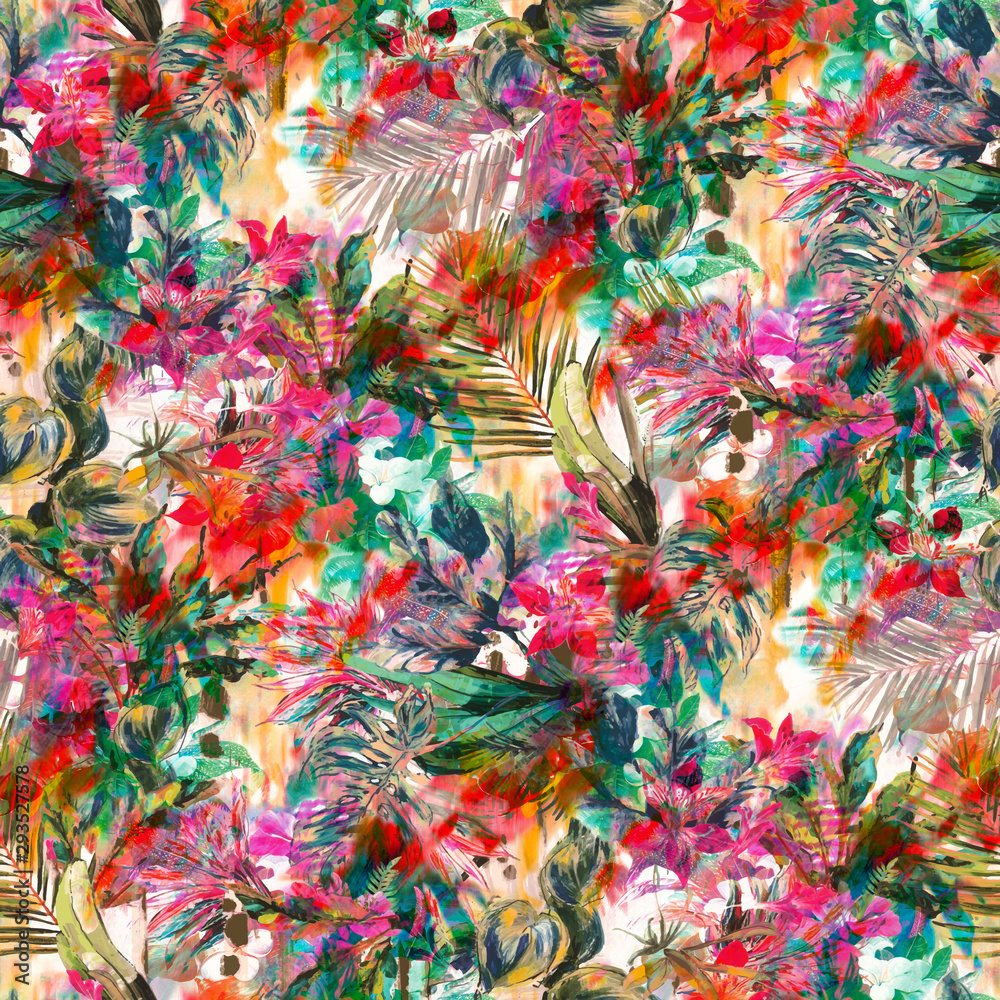 Obraz Seamless tropical flower pattern, watercolor.Flowers pattern. for textile, wallpaper, pattern fills, covers, surface, print, gift wrap, scarf, decoupage. Seamless pattern