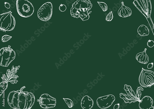 手描きイラスト　野菜背景　黒板(横)