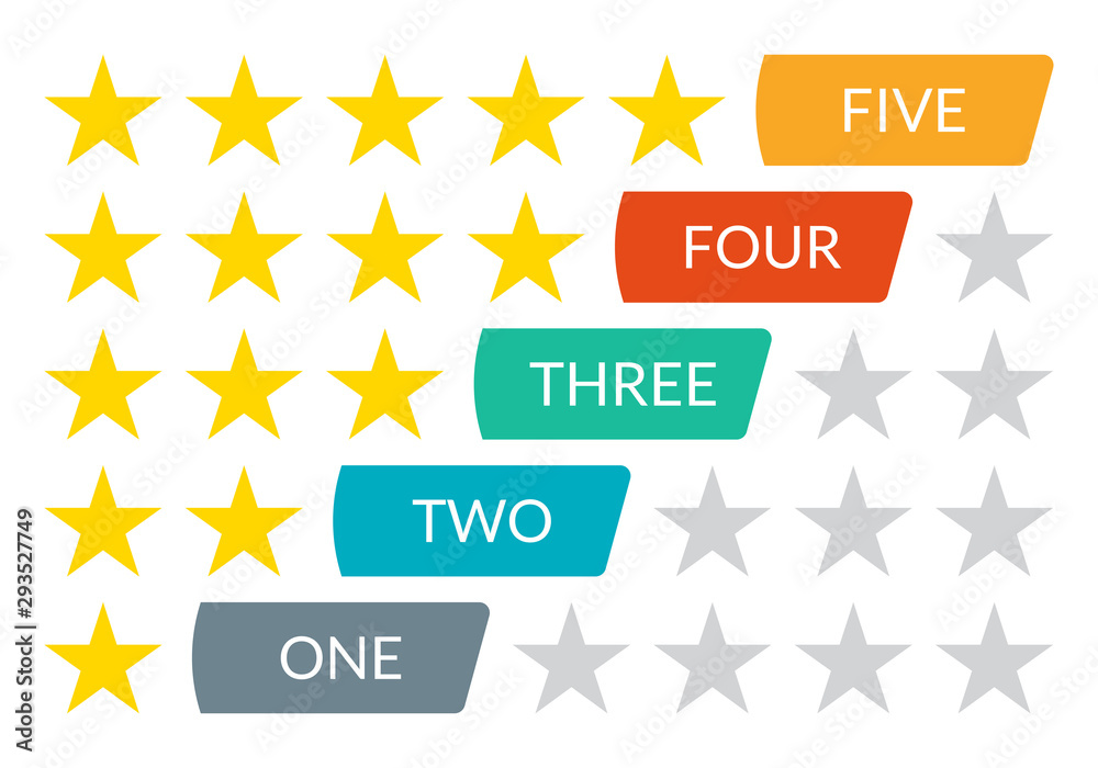 Star rating icons. 5 stars in the row for review classification