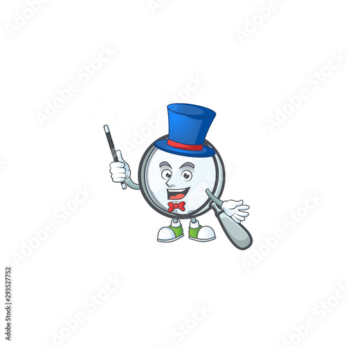 Magician magnifying glass cartoon character with mascot.