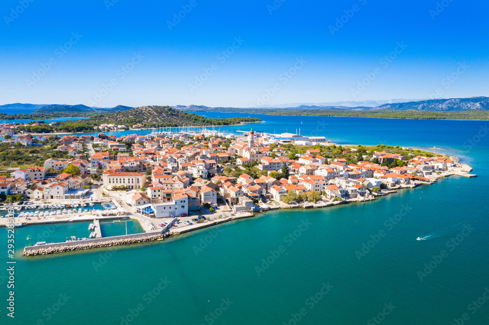Fototapeta premium Croatia, Adriatic coast, panoramic view of the small town of Betina from air on Murter island