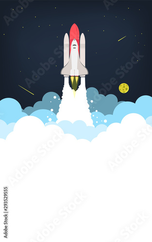 Vector illustration of space interstellar travels, universe and distant galaxies. spacecraft, rocket or shuttle for space travel or mission. Clerks working together on startup comp