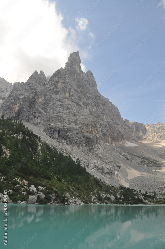 Beautiful italian lake in the mountains, dolomites landscape