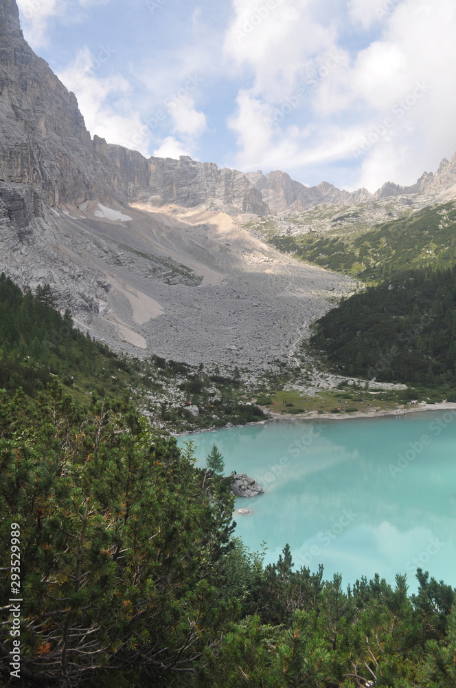 Beautiful italian lake in the mountains, dolomites landscape