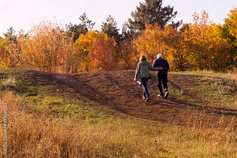 An elderly couple on a walk in the autumn forest. Healthy lifestyle in retirement age