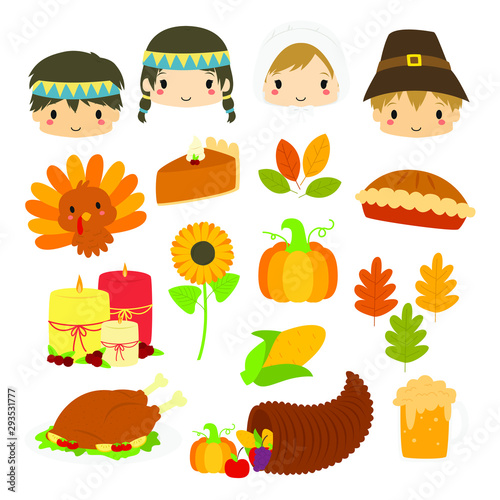 Cute Thanksgiving characters and Thanksgiving elements vector collection. Thanksgiving Pilgrims and Natives cartoon characters vector illustration