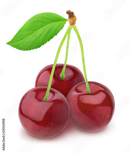 Whole and halved cherries isolated on a white.