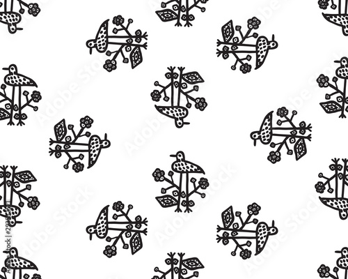 Ornament with birds and flowers. Black pattern for banner. Hand drawn vector illustration isolated on white background.