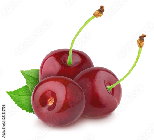 Heap of cherry berries with leaves isolated on white background. As design element.