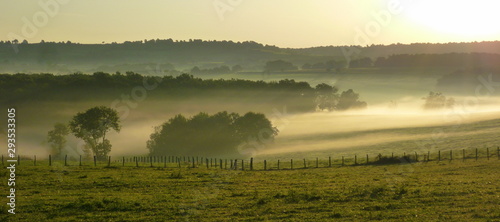 Un paysage de brouillard au matin. La campagne brumeuse. De la brume et du brouillard sur des prés et des champs.