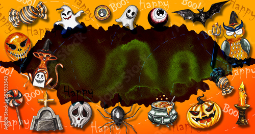 Beautiful halloween background object draw with watercolor for your work template about halloween day on background.