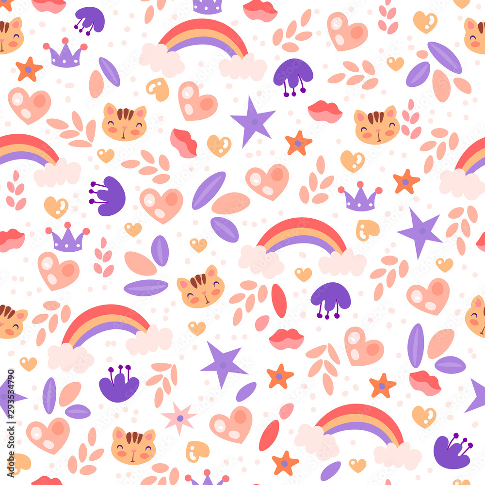 Cute girl pattern with rainbow, heart, cat, stars and flower elements on white background. Pre teen and baby girl pattern for textile, wrapping paper, banners Cute girl pattern with rainbow, heart, cat, stars and flower elements on white background. Pre teen and baby girl pattern for textile, wrapping paper, banners