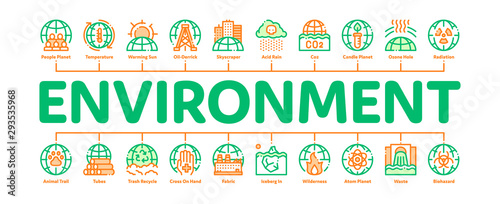 Environmental Problems Minimal Infographic Web Banner Vector. Environmental Problem, Industrial Pollution, Contamination Pictograms. Greenhouse Effect, Global Warming, Climate Change Illustrations