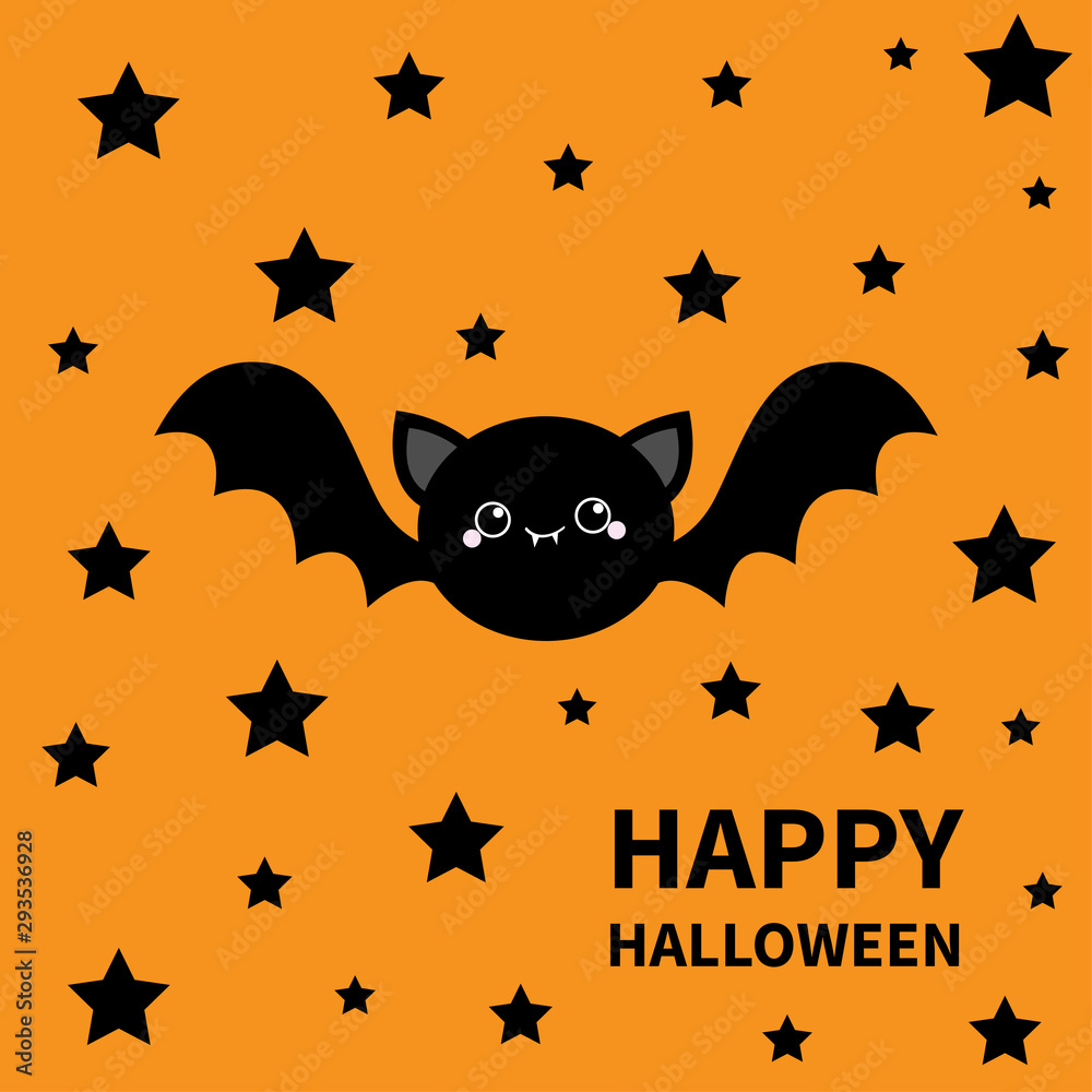 Happy Halloween. Black bat flying stars silhouette icon. Cute cartoon round baby character with big open wing, eyes, ears. Forest animal. Flat design. Orange background. Isolated. Greeting card.