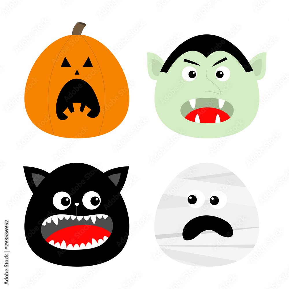 Happy Halloween icon set. Pumpkin, Vampire count Dracula, Mummy, Cat round face head. Cute cartoon funny spooky baby character. Greeting card. Flat design Orange background. Happy Halloween icon set. Pumpkin, Vampire count Dracula, Mummy, Cat round face head. Cute cartoon funny spooky baby character. Greeting card. Flat design Orange background.