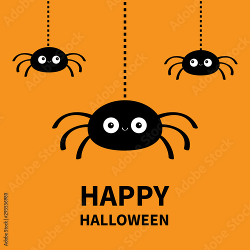Happy Halloween. Three black spider silhouette hanging on dash line web. Funny insect set. Big eyes. Cute cartoon baby character. Flat material design. Orange background. Isolated.
