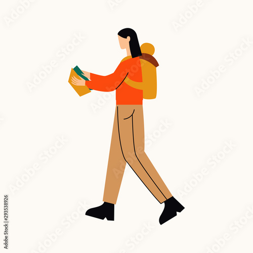 Woman go on trip. Woman with backpack studying map. Flat vector illustration