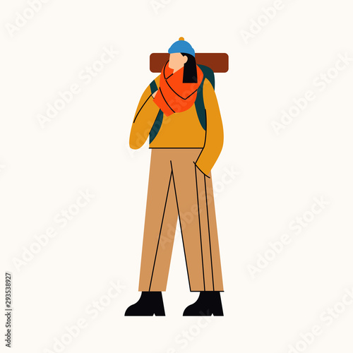 Woman go on trip. Woman with big backpack in very warm clothes. Flat vector illustration