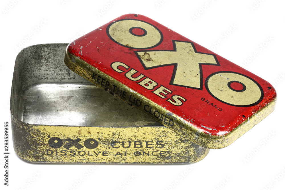 GERMANY - MARCH 24, 2019: Vintage OXO cubes tin isolated on white  background. OXO is a brand of food products, including stock cubes, herbs  and spices, dried gravy, and yeast extract. Stock