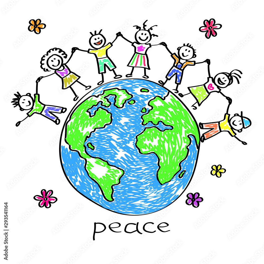 Happy kids around planet earth. Children's drawing. Vector illustration.  Stock Vector | Adobe Stock