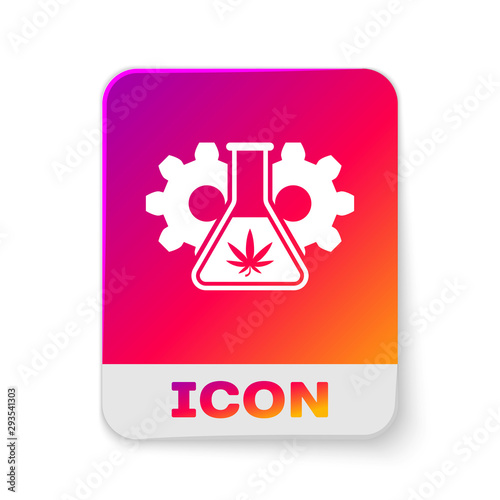 White Chemical test tube with marijuana or cannabis leaf icon isolated on white background. Research concept. Laboratory CBD oil concept. Rectangle color button. Vector Illustration