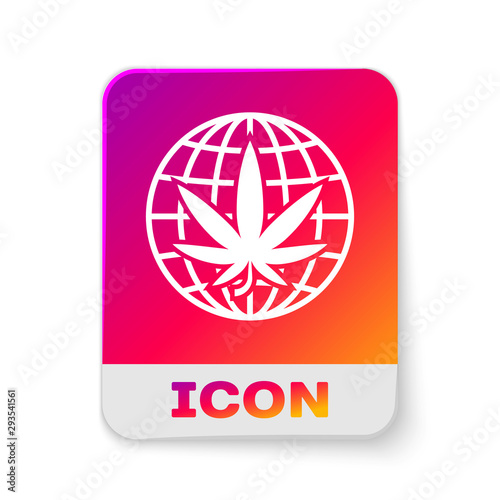 White Legalize marijuana or cannabis globe symbol icon isolated on white background. Hemp symbol. Rectangle color button. Vector Illustration