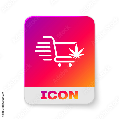 White Shopping cart with marijuana or cannabis leaf icon isolated on white background. Online buying. Delivery service. Supermarket basket. Rectangle color button. Vector Illustration