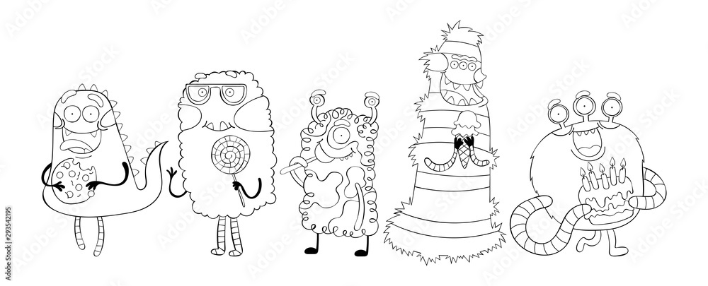 Monsters. Set. Isolated vector objects on white background. Black and white drawing.